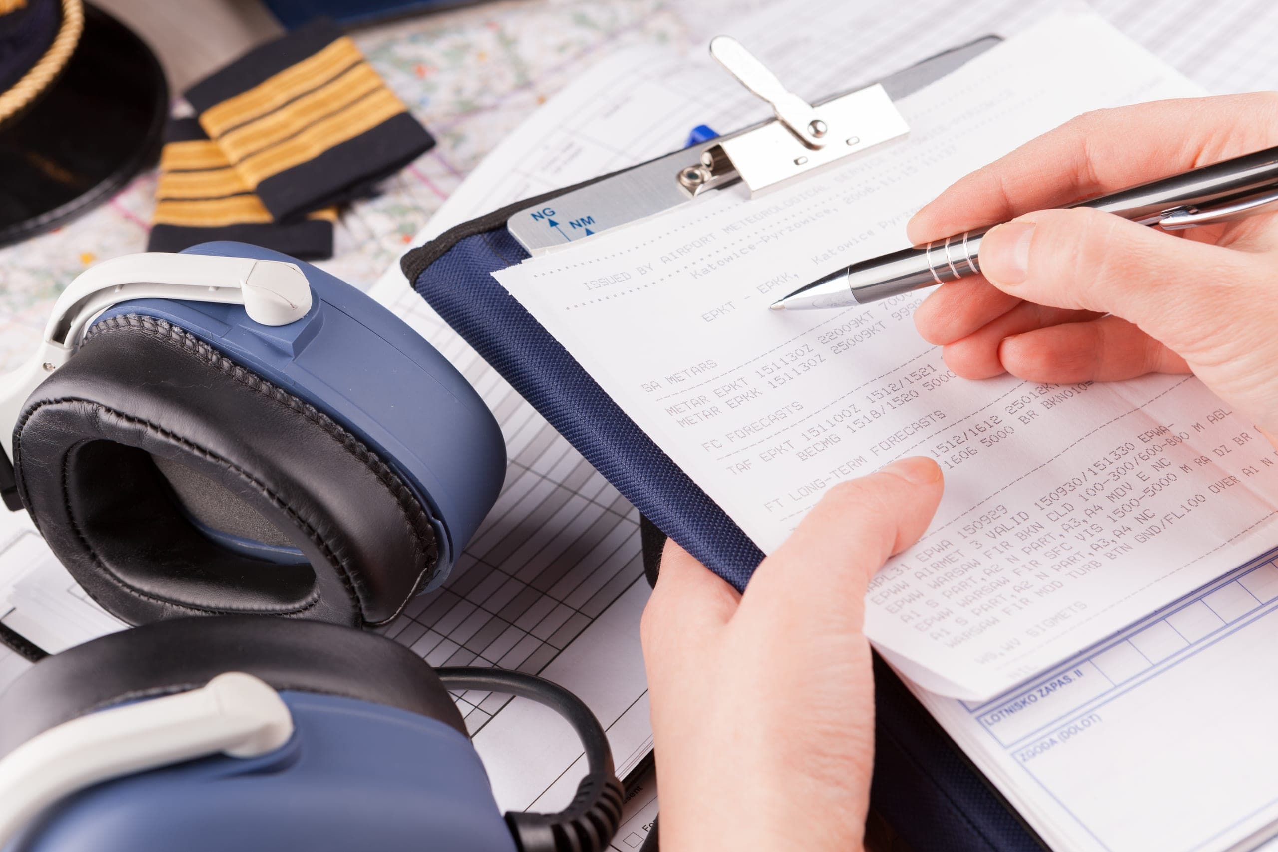 A pilot's hand holding a pen over a clipboard of printed weather reports, beside an aviation headset, a pilot's cap with gold epaulettes and a navigation chart